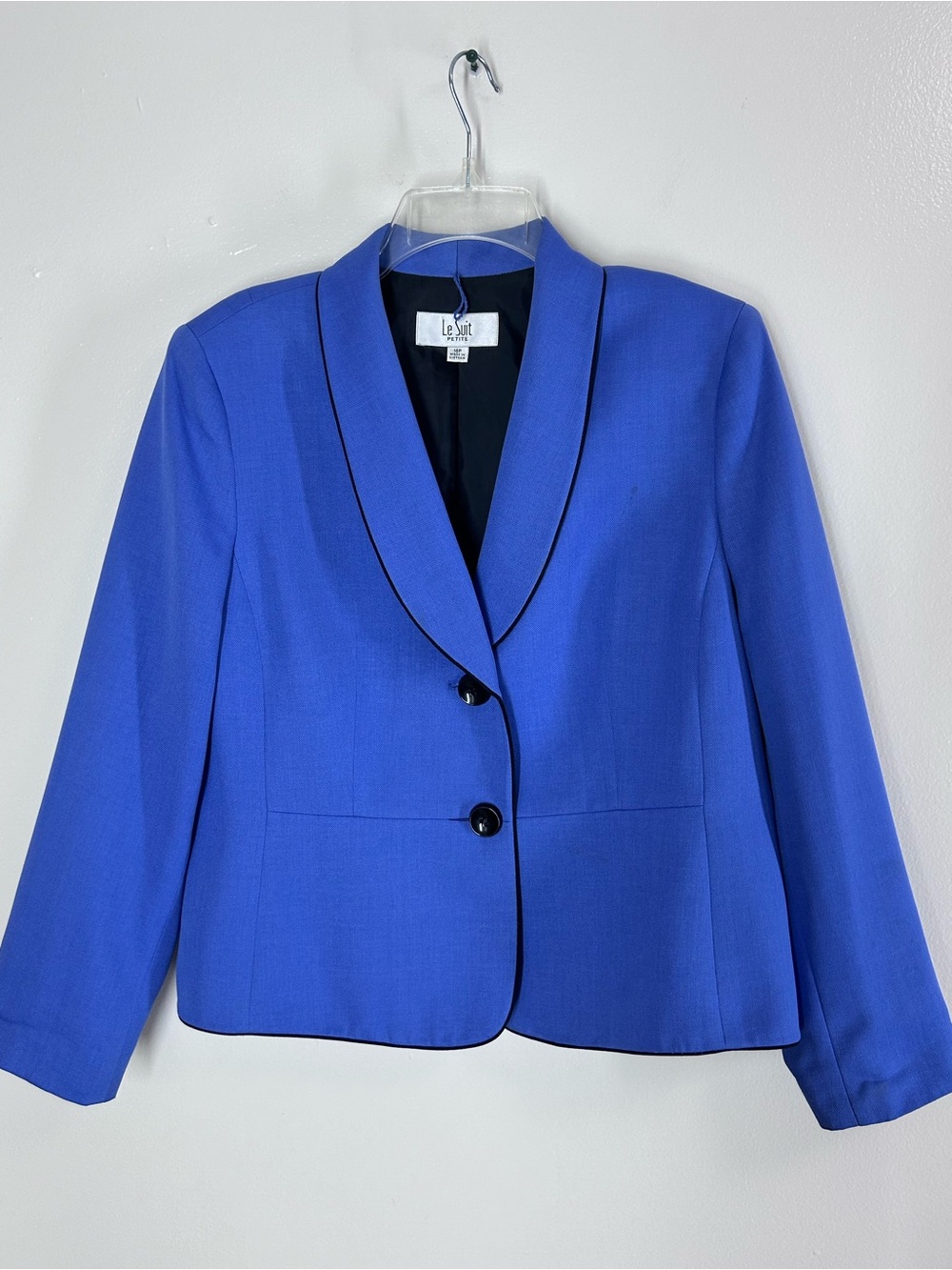 Le Suit Petite Blue Blazer Jacket with Black Piping Trim Size 14P Petite